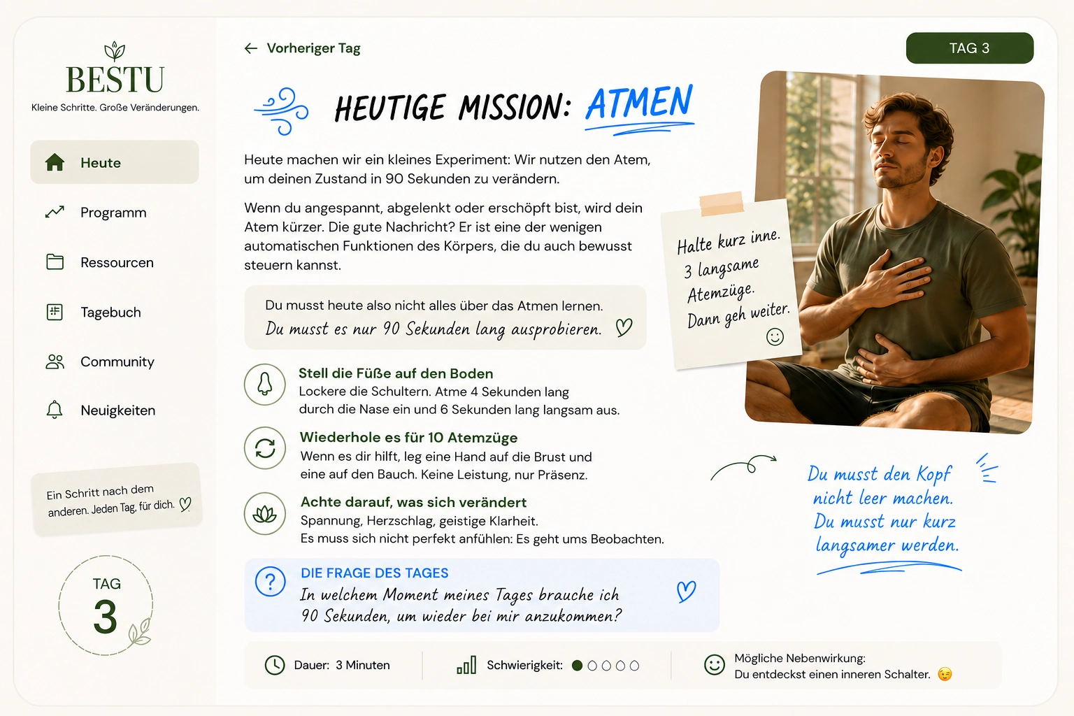 Beispiel für einen Tag in BESTU: Tag 3, Atmen