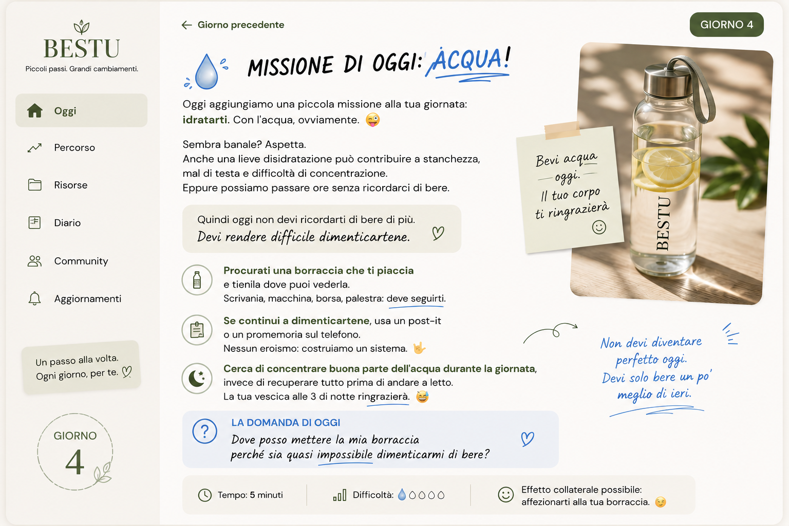 Esempio di una giornata in BESTU: la missione del giorno 4, bere un bicchiere d'acqua